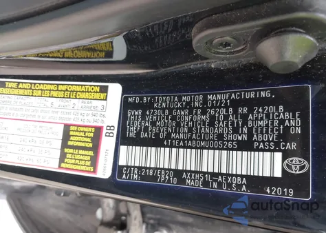 2021 Toyota Avalon Xse Hybrid из США, поврежденный, VIN 4T1EA1AB0MU005265